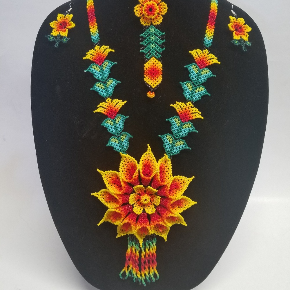 Huichol Art necklace, earrings, and  Bracelet set